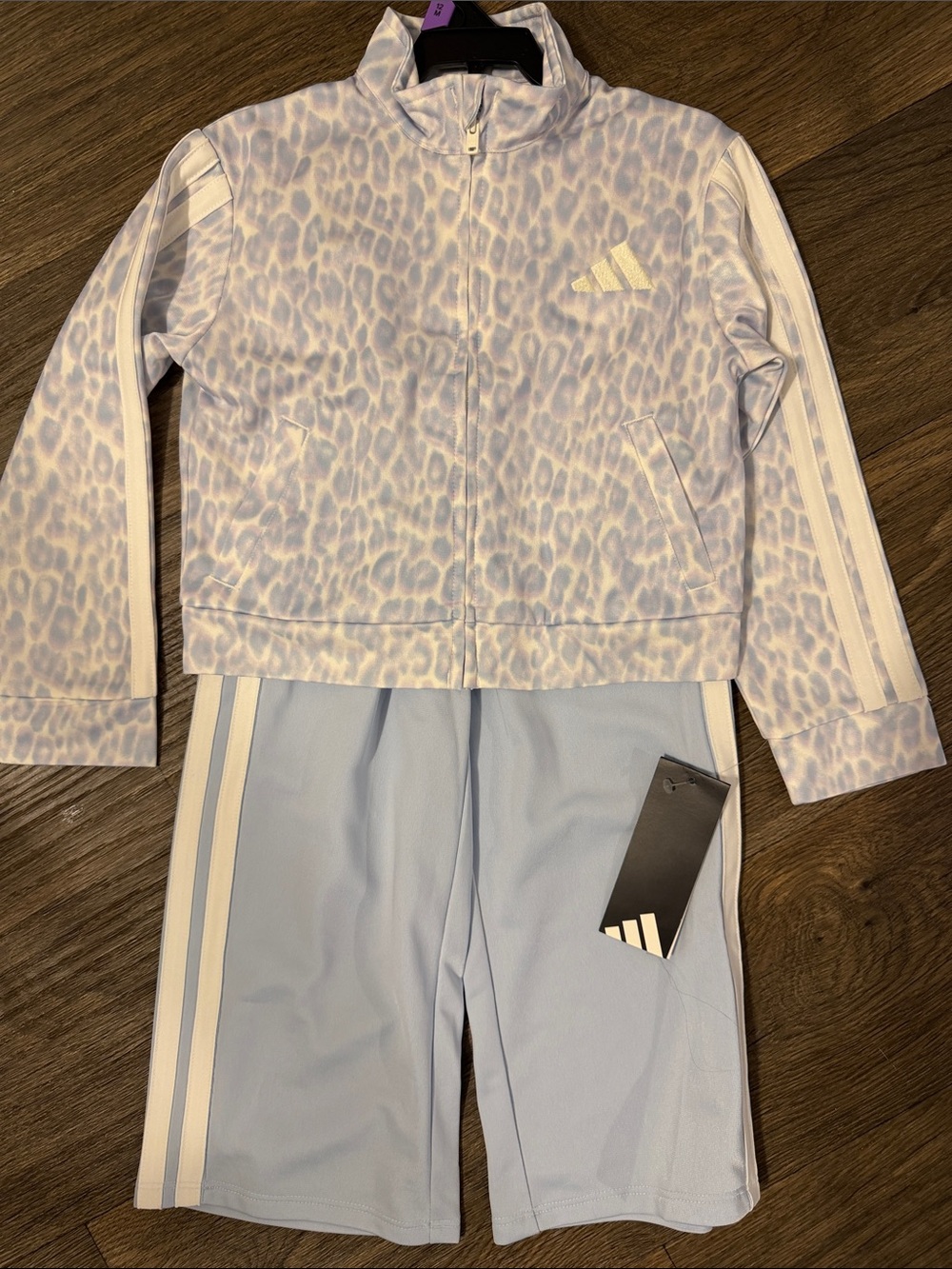 adidas Light Blue & White Leopard Print Track Jacket and Shorts